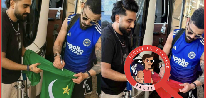 An edited photo of Virat Kohli signing a Royal Challengers Bengaluru jersey is being falsely shared as him signing a Pakistani jersey